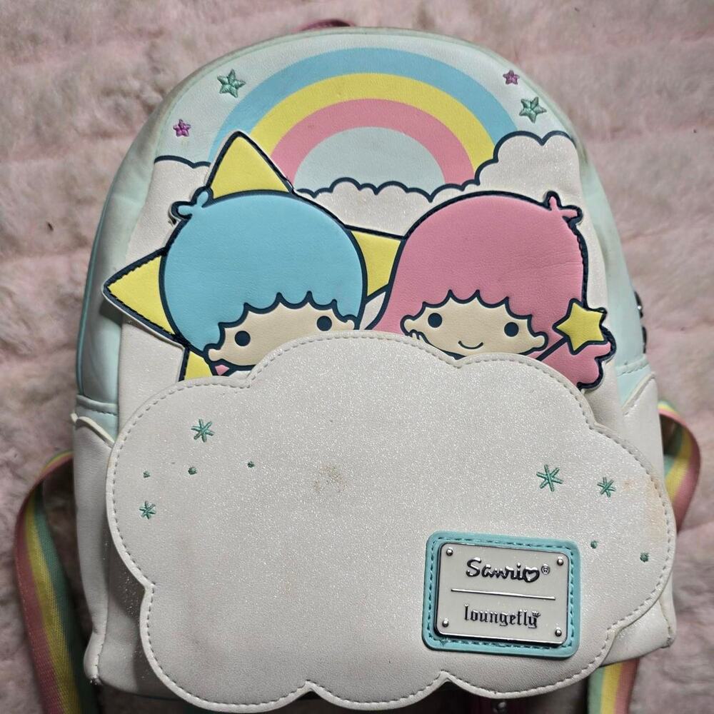 Sanrio little twin stars white, pink, and baby blue glitter backpack
